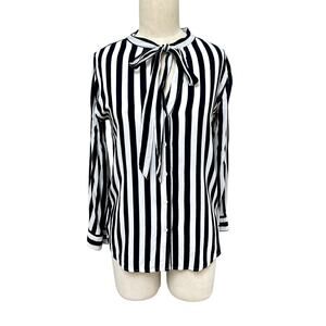 Rails Colette Blue White Block Stripe tie-Neck Sailor Nautical Blouse Small